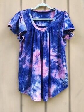 Tie-Dye Flutter Sleeve Top Blue  Pink Stretch Relaxed Fit Hippie Popover Boho Lg